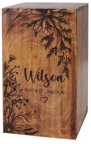 The Maryam Crafts Urna de cremación de madera personalizada para cenizas humanas, caja de urna conmemorativa decorativa para adultos, hombres y mujeres, urna mediana para cenizas, flores, tamaño de