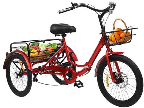 Trehjuling för vuxna 20 tum vikbar tribike 7 växlar 3-hjuls cykel med inköpskorg tricycle för seniorer city shoppingcykel lastcykel för rekreation, shopping, picknick resor (röd)