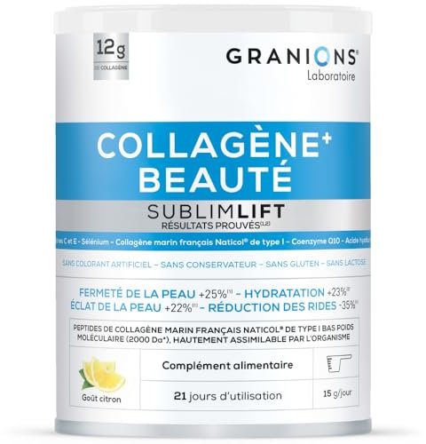Collagene Marino con Acido Ialuronico SUBLIMLIFT GRANIONS | 12g Collagene in Polvere e Acido Ialuronico | Vitamina C + Coenzima Q10 + Selenio - Integratore Polvere Capelli e Pelle - 315g Gusto Limone