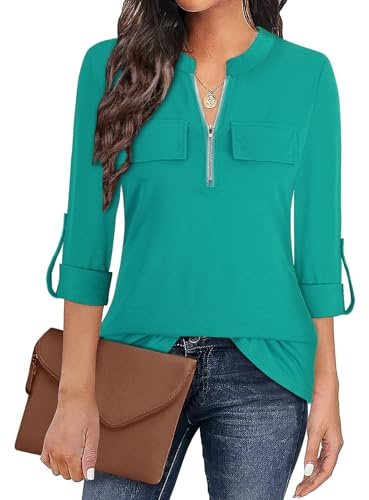 Gemulate Women's 3/4 Sleeve Tops Smart Loose Long Sleeve Top for UK Summer Womens Cotton Linen Loose Blouse Tops Ladies T-Shirts Work Party Blouse with Zip Lake Green M