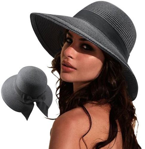 DRESHOW Sonnenhüte für Damen Reise Fedora Faltbarer Strand Sonnenhut Sommer Breite Krempe Stroh Eimer Hut mit Bowknot UPF 50+