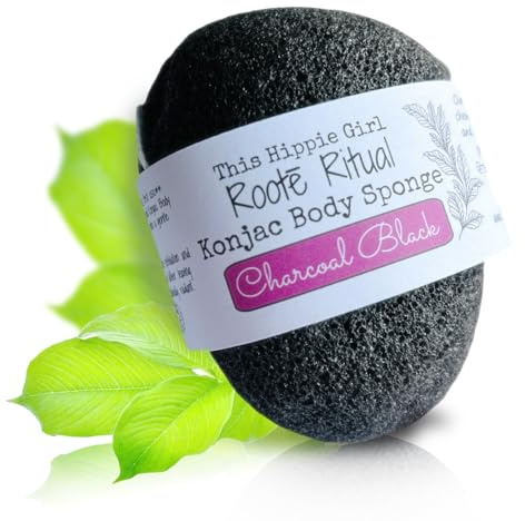 Roote Ritual Konjac Body Sponge – 100% Natural Exfoliating Shower Sponge for Sensitive Skin – Gently Deep Cleanses & Softens, Earth-Friendly, Biodegradable, Vegan – for Women, Men (Charcoal Black)