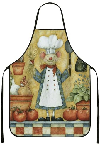 Delantal de chef con diseño de ratón para cocinar, delantal de cocina de arte culinario, divertido delantal lavable de estilo vintage para barbacoa, hornear y jardín, Amarillo, 24x31 Inch