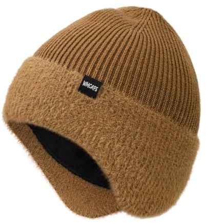 Wmcaps Winter Beanie for Men with Earflaps，Unisex Thick Warm Knit Hat with Ear Flaps，Fleece Lined Woolly Hats for Outdoor Activity-Golden Brown