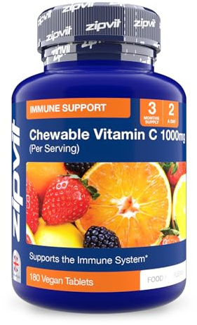 Zipvit Vitamin C Chewable Tablets 1000mg, Supports Energy & Immunity, 3 Months Supply, 180 Vegan Tablets