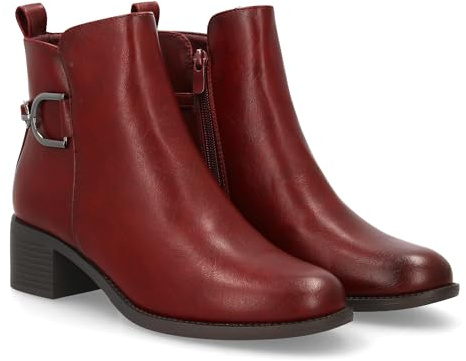 shoes&blues.es 96543 Botines de Tacon para Mujer, Comodos y Elegantes con Detalle de Hebilla, Punta Redonda y Cierre de Cremallera Lateral, Ideales para Otono-Invierno. Burdeos Talla 36