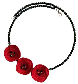 Collier Coquelicot au Crochet – Fait Main avec Perles de Verre Facettées – Ras-de-Cou Romantique Fait Main, vert et rouge, artisanat italien, Made in Italy
