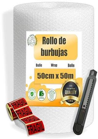 MARCPRINT Rollo Burbuja Embalaje con Cutter y Pegatinas de Fragil – Papel Burbuja para Mudanzas y Envíos – Plástico de Burbujas Protector Antigolpes (50cm (A) x 50m (L))