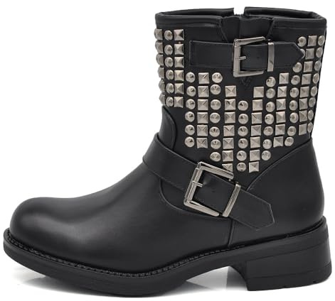 IF 8081A Bottines pour femme Cheville Anfibi Motocycliste Biker Boucle - Noir - 8081 Noir