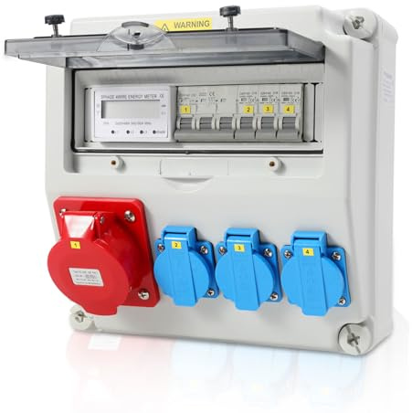Strömfördelare, 3 x 16 A/230 V 1 x CEE 32 A med amperemeter, med strömbrytare, byggarbetsplatsfördelare, inomhus-/utomhusfördelare