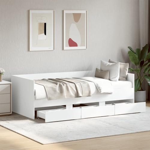 Hoopleep Vit dagbäddsram med 3 förvaringslådor, utdragbar studsmatta, 100 x 200 cm, mångsidig soffa gästsäng för vardagsrum, sovrum, hållbar träkomposit konstruktion