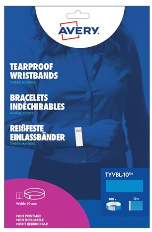 AVERY Sachet de 100 bracelets d’identification papier Tyvek bleu fluo, largeur 19 mm, résistants à l’eau, indéchirables, fermeture sécurisée, événements contrôle d’accès