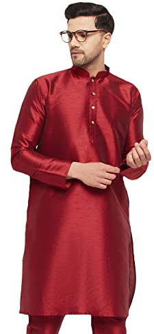 VASTRAMAY Men's Silk Blend Kurta - Elegance for Festivals and Events | Banarasi Silk with Light Cotton Blend Plain Long Sleeve Mandarin/Chinese Collar Kurta | Classic Design, Burgundy, Medium