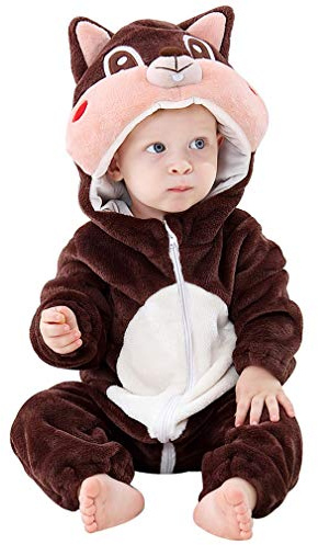 COOKY.D Tuta con Cappuccio per Bambino Unisex Super Morbida in Flanella Tuta Animale Autunno Inverno per Neonati Pigiama Outfit 2-6 Mesi,Scoiattolo