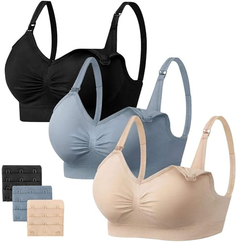 HBselect - Reggiseno per gravidanza, senza cuciture, con ulteriori estensioni per allattamento e sonno, senza ferretti, da donna, 3 pezzi, nero, beige, blu, M