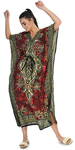 spurbayfashions Women's Kaftan - Gamla Print Tunic Kimono Long Maxi Dress for Loungewear, Holidays, Nightwear, Beach, and Everyday Cover Up