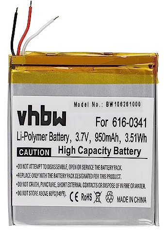 vhbw Batería reemplaza Apple 616-0333, 616-0343, 616-0341, 07-001-01, LN3657361YGMB para Reproductor de música MP3 (950 mAh, 3,7 V, Li-Poli)