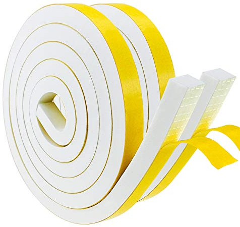 Nastro autoadesivo in schiuma, 12 mm (W) x 12 mm (H), guarnizione in gomma per porte e finestre, resistente alle intemperie, anti-collisione, isolamento acustico (2m di lunghezza x 2 rotoli), bianco