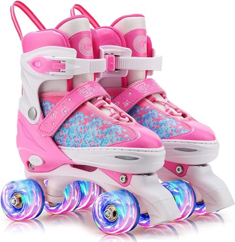 Gonex Rollers Enfant Réglables Roller à Roulette Rolller Quad pour Filles Femmes Adultes Débutants, Confortables et Respirants, 4 Roues Éclairées