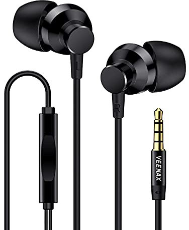 VEENAX M2 Auriculares In Ear, Auriculares con Cable y Micrófono, Headset Estéreo Cascos Graves Profundos, Earbuds Headphones para Smartphone Ordenador PC Tablet MP3, Audífonos de 3.5mm, Negro