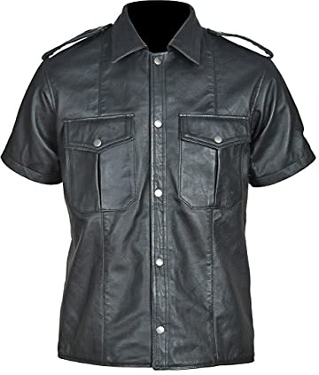 N? Chemise en cuir de mouton véritable pour homme, Noir , L