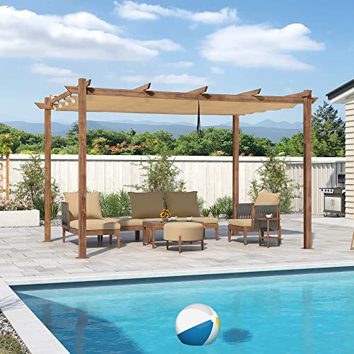 PURPLE LEAF Pergola Aluminium 4 x 3 m Pergola Jardin Extérieur Finition Teck, Toile Coulissante Rétractable, Tonnelle Imperméable, Barbecue Extérieur, Pavillon de Jardin, Kaki