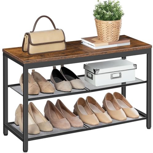 HOOBRO Shoe Rack, 3-Tier Shoe Bench with 2 Mesh Shelves, Shoe Storage Bench with Seat, for Entryway, Hallway, Living Room, Small Space, Easy Assembly, Rustic Brown EBF75HX01