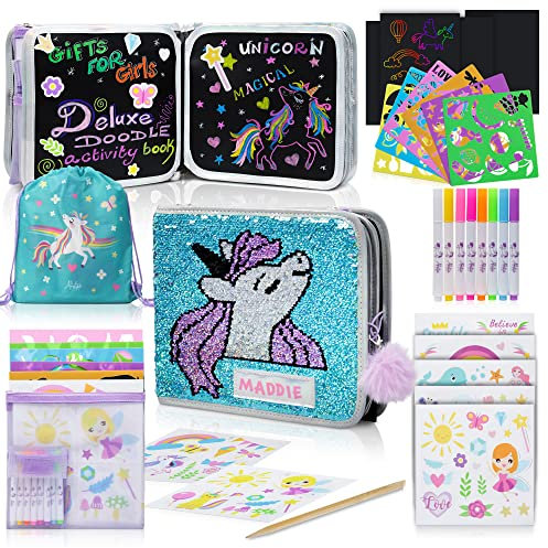 Einhorn Färbung Sets für Kinder im Alter von 4-8, große Reise Färbung Kit oder Aktivität Sets, wiederverwendbare Malbuch mit Aufklebern, Kratzpapier, waschbare Marker, Einhorn Geschenke für Mädchen