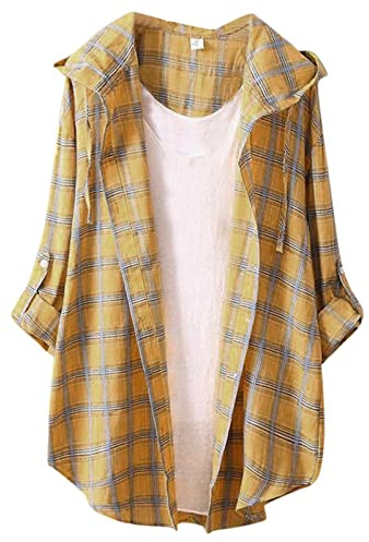 2023 Camisetas Verano Lino de Algodón Manga Larga Camisa de a cuadros para mujer Casual Oficina Básico Vintage Western Blusa Mujer Vestir Sexy Talla Grande Camisas Informales