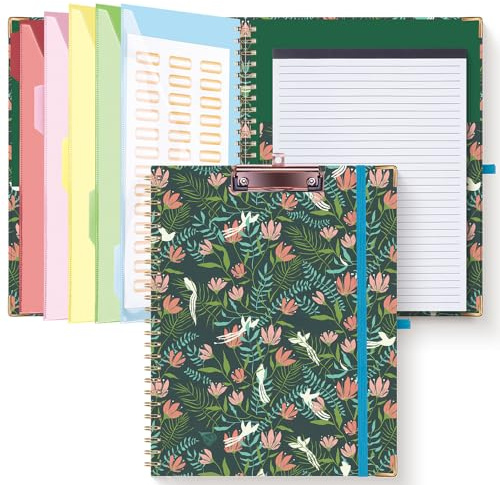HAUTOCO Porte-bloc avec bloc-notes rechargeable pour format lettre (27,9 x 21,6 cm), 5 intercalaires avec 10 poches, porte-stylo élastique et étiquettes de dossier, porte-bloc en spirale pour