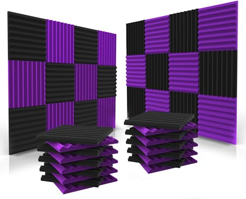 52 Pack Acoustic Panels 1 X 12 X 12 Inches - Acoustic Foam - Studio Foam Wedges - High Density Panels - Soundproof Wedges - Black/Purple