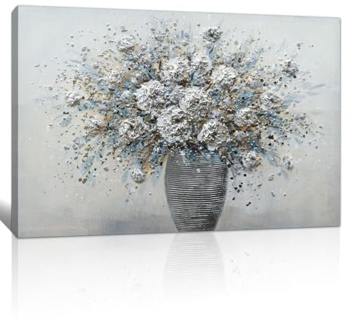 FajerminArt Retro Blue Grey Blooming Flowers in Vase Framed Canvas Wall Art, Rustic Retro Pictures Printed Poster Painting on Canvas Wall Decor for Bedroom Living Room Bathroom Ready to Hang 40×60CM