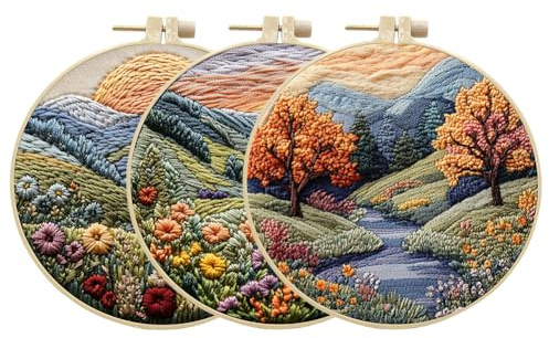 3 uppsättningar broderi startkit för vuxen nybörjare med landskapsträd berg flod blommig natur landskap mönster handbroderi set gör-det-själv korsstygnskit med ringnålar
