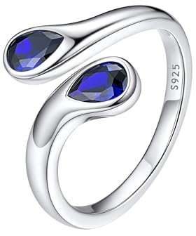 Bestyle Ring Silber 925 Damen Offen Verstellbare Ring Blauer Stein Einfacher Ring Teardrop Chunky Rings mit Geburtsstein Saphir