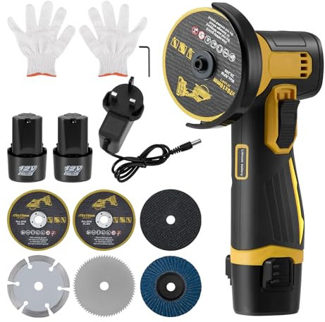 12V Mini Cordless Angle Grinder, Mini Angle Grinder Tool with 3 in Grinding Disc, 19500 RPM, 6 Cutting Discs, 2pcs Batteries, Cordless Angle Grinder Tool Kit for Cutting Polishing and Grinding