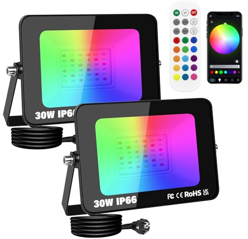 PICAA 2 Piezas 30W Foco Led RGB Exterior, 3000LM APP Control Remoto Proyector Led, Cambio de Color RGBW Estroboscópico, Luz de Pared para Jardín, Fiestas, Terraza