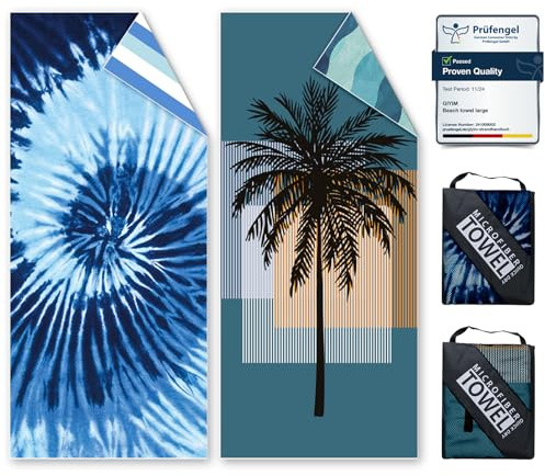 Giyim Beach Towel - 2 Pack 200x90cm Lightweight microfibre beach towel with Mesh Bags, Double Sided Sand Free Absorbent Quick Dry Microfibre Towel for Pool, Gym, Camping & Travel（Tree & vortex）