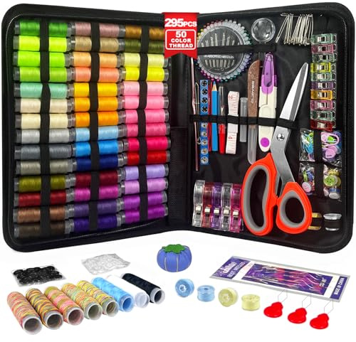 Sewing Kit for Adults,50 Color Thread Kit,295PCS Professional Sewing Supplies,Contains Thread,Ergonomic Scissors,Needles and More,Mini Sewing Kit for Beginners,Travel,Home,School and DIY Gift