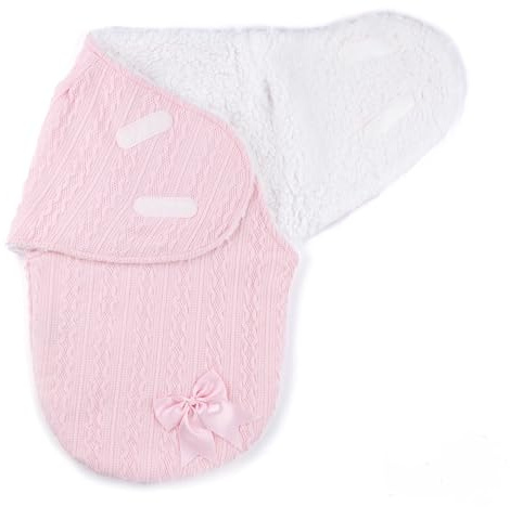 Soft Baby Swaddle Wrap Baby Blanket for Newborns – Warm Knitted Sleeping Bag with Fleece Lining & Bow – 0-3 Months, Stripe Closure – Pink, White, Beige, Dusty Pink, Dusty Blue (Pink)