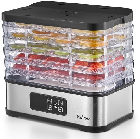 Essiccatore per Alimenti 250W con Timer Digitale e Controllo della Temperatura, 5 Vassoi, Senza BPA, Essiccatore Elettrico per Frutta, Verdura, Carne, Erbe e Snack per Cani