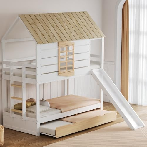 PUGSDRLY Lit superposé 90x200cm Forme Maison avec Toboggan et Une échelle, Lit Mezzanine avec fenêtre décorative et lit gigogne, Cadre de lit avec barrières pour Chambre ado (White+Natural)