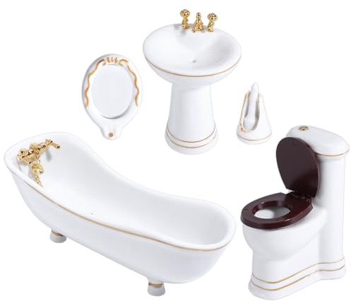 WADORN 5pcs 1:12 Scale Dollhouse Bathroom Fixtures, Miniature Furniture Set Include Bathtub Toilet Wash Basin Mirror Brush, Mini White Porcelain Washroom Kits for Dollhouse Bathroom Accessories Decor