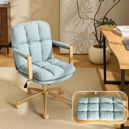 Bonnlo Comfy Linen Office Desk Chair with Wheels & Detachable Cushions & Wood-Like Armrests,Swivel Small Computer Chair,Adjustable Vanity Chair for Girl,Teen/Kids,Home Office,Bedroom (Teal Green)