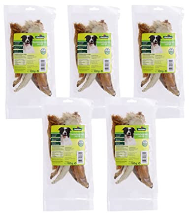 Dehner Lieblinge Hundesnack, Leckerli 100 % natürlich, Kausnack für ernährungssensible Hunde, Kaninchenohren mit Fell, 5 x 100 g (500 g)