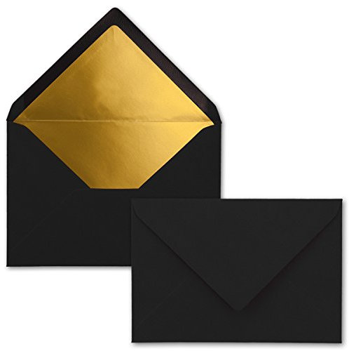 Kuverts in Schwarz - 25 Stück - Brief-Umschläge DIN C6-114 x 162 mm - 11,4 x 16,2 cm - Naßklebung - matte Oberfläche & Gold-Metallic Fütterung - ohne Fenster - für Einladungen