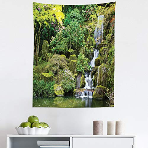 Ambesonne Garden Tapestry, Pond in Style Garden Arboretum Trees Bush Foliage Rocks Waterscape Picture, Fabric Wall Hanging Decor for Bedroom Living Room Dorm, 23 X 28, Green White