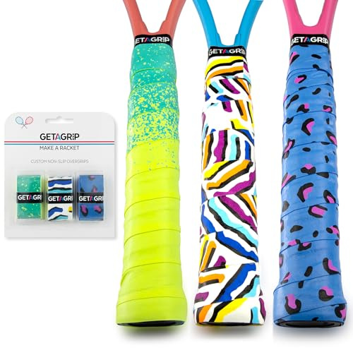 GET A GRIP - Surgrip Customisé pour Raquettes de Tennis - Overgrip de Tennis Antidérapant/Séchage Rapide, Ruban Grip pour Raquette de Padel, Badminton (Find Your Flair Pack, 3 Grips (15% Discount))