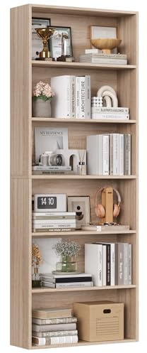 FirFurd Bookcase 6 Tiers Bookshelf Oak Tall Display Shelf Freestanding Wooden Storage Unit for Living Room Bedroom Office 60x23.5x180cm
