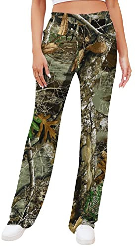 Bagea-Ka Autumn Hunting Tree Camo Pattern Women Yoga Pants Straight Wide Leg Pants Drawstring Casual Loose Sweatpants L