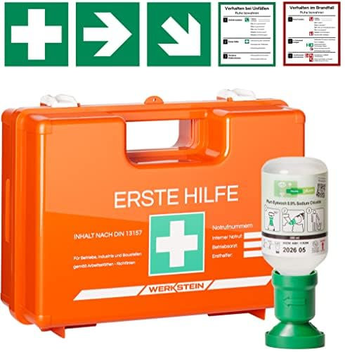 Erste Hilfe Kasten DIN 13157:2021 I Inkl. Augenspülflasche 200ml, praktischer Wandhalterung, 5x Aufkleber & Plombe I Erste Hilfe Koffer für Betriebe, Einrichtungen & Zuhause I Verbandskasten Orange
